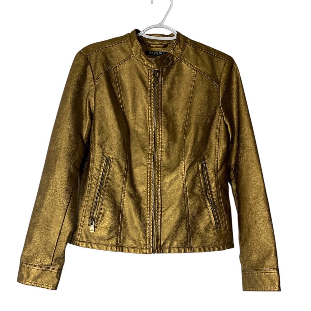 Baccini Womens Muted Gold Metallic faux leather jacket/moto coat, size M